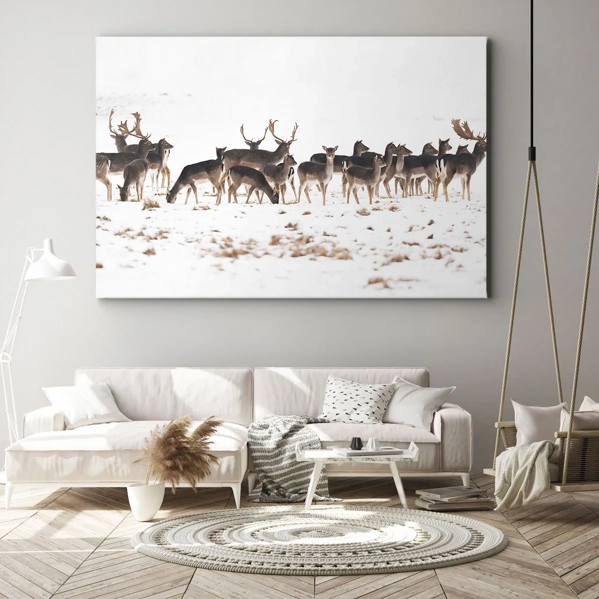Quadro su tela - Stampe su Tela - Un branco di cervi su uno sfondo innevato - 120x80cm - Tra poco è Natale? - Decorazione murale moderna per soggiorno e camera da letto ARTTOR