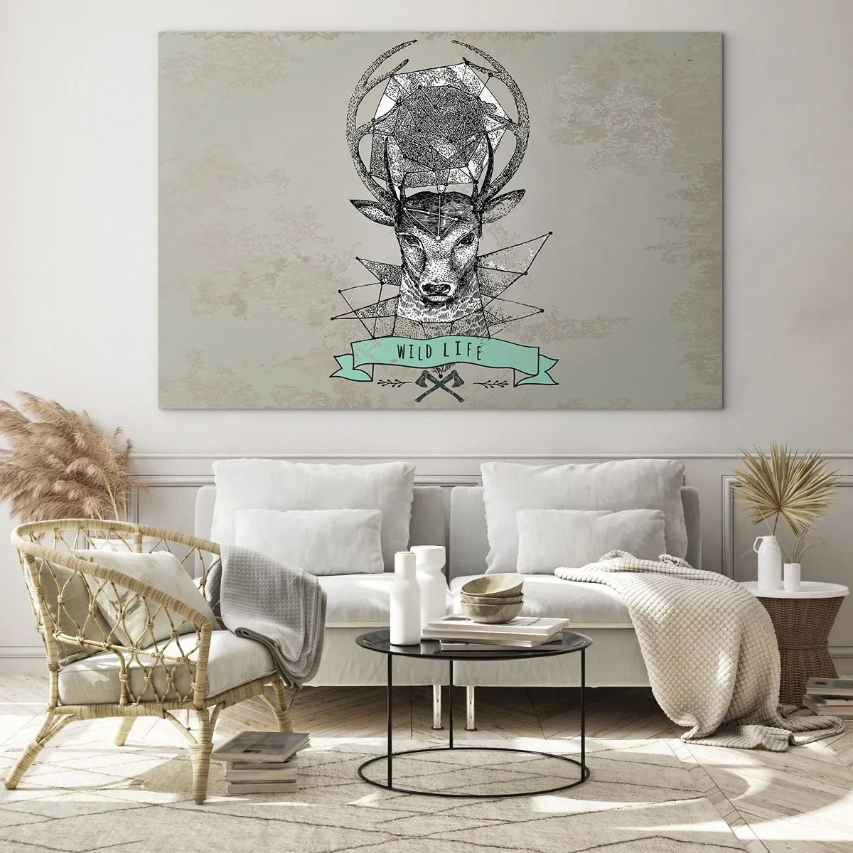 Quadro su vetro - Disegno geometrico di un cervo con la scritta Wild Life - 120x80cm - La visione di Sant'Uberto - Decorazione murale moderna per soggiorno e camera da letto ARTTOR