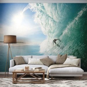 Fotomurali Premium Sand - Surfista in un tunnel d'onda contro un cielo blu - 100x70cm - Sempre sull'onda - Decorazione murale moderna per soggiorno e camera da letto ARTTOR
