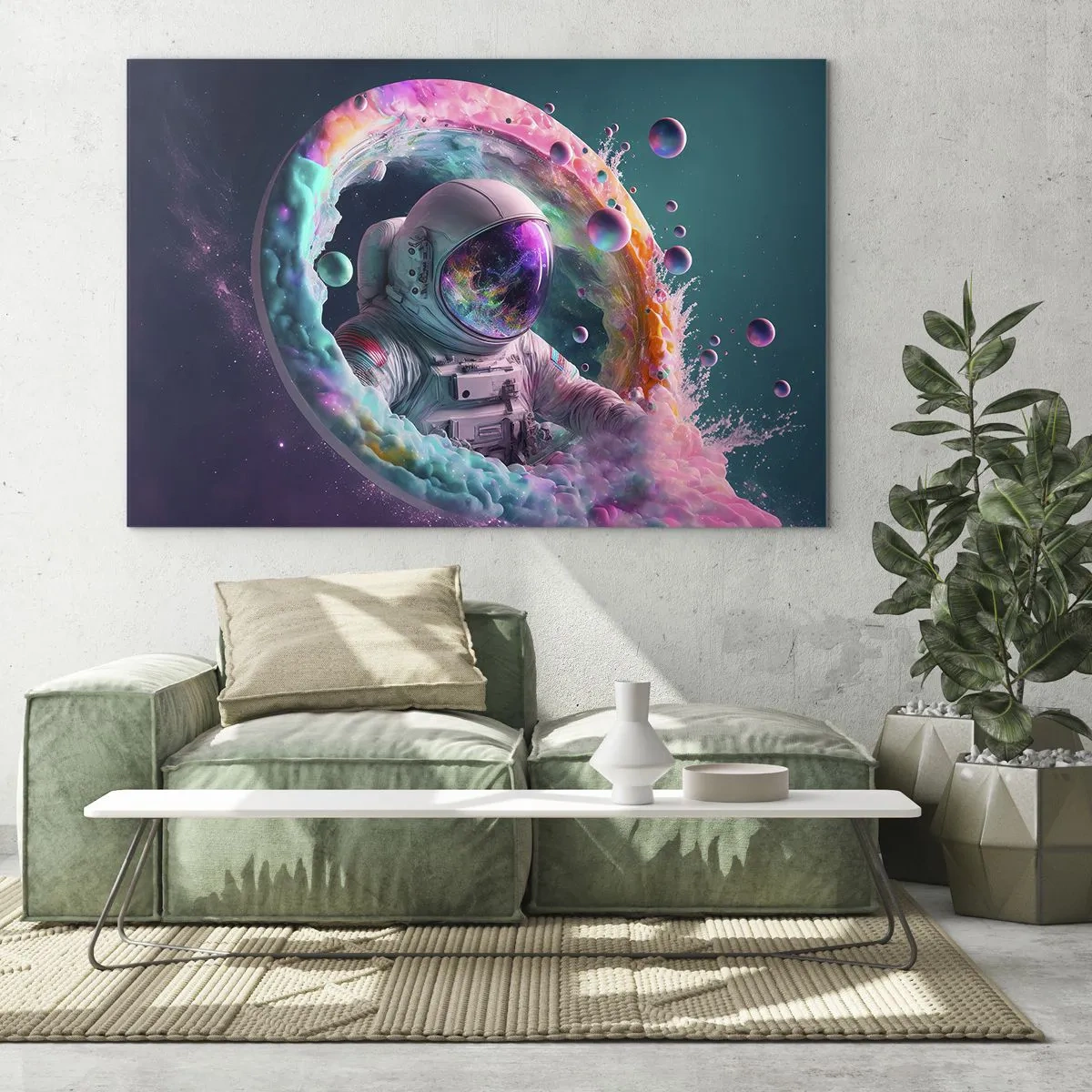 Quadro su vetro - Astronauta nello spazio colorato - 70x50cm - Stargate - Decorazione murale moderna per soggiorno e camera da letto ARTTOR
