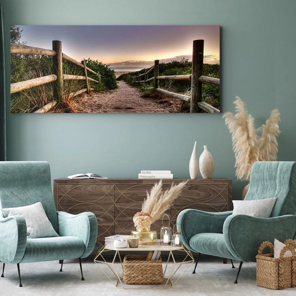 Quadro su tela - Stampe su Tela - Sentiero in legno tra le dune che conduce alla spiaggia al tramonto - 120x50cm - Già si vede la meta - Decorazione murale moderna per soggiorno e camera da letto ARTTOR