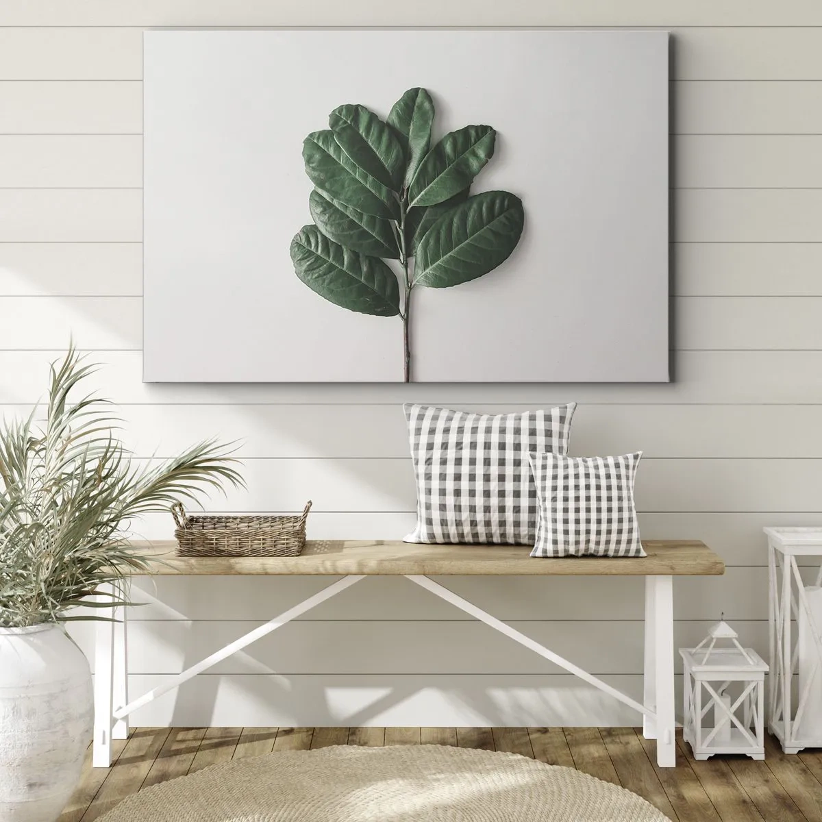 Quadro su tela - Stampe su Tela - Un rametto di foglie verdi su uno sfondo chiaro - 100x70cm - Il disegno della natura stessa - Decorazione murale moderna per soggiorno e camera da letto ARTTOR