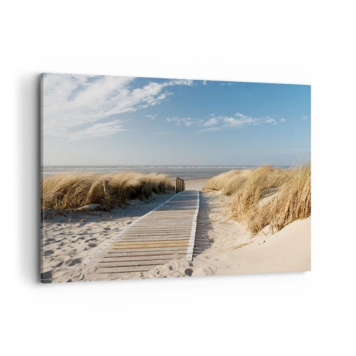Quadro su tela - Stampe su Tela - Un sentiero di legno conduce attraverso le dune fino al mare calmo - 100x70cm - Dopo la duna, nel fruscio dell'erba - Decorazione murale moderna per soggiorno e camera da letto ARTTOR