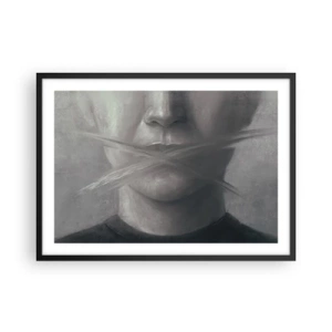 Poster in cornice nera - Un ritratto simbolico con labbra sfocate nei toni del grigio. - 70x50cm - Neanche una parola - Decorazione murale moderna per soggiorno e camera da letto ARTTOR
