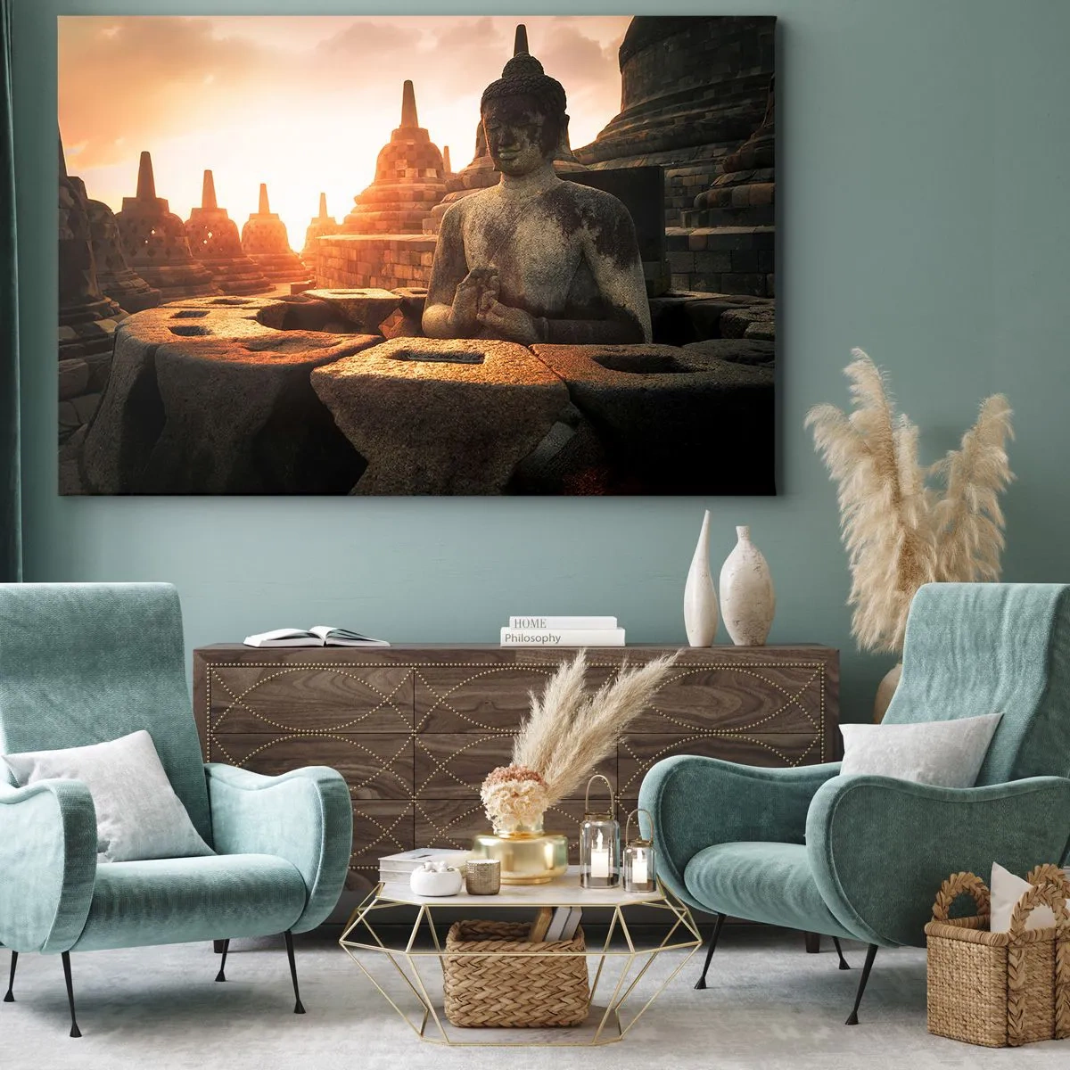 Quadro su tela - Stampe su Tela - Statua del Buddha al tempio di Borobudur al tramonto - 120x80cm - La pagoda della grande saggezza - Decorazione murale moderna per soggiorno e camera da letto ARTTOR