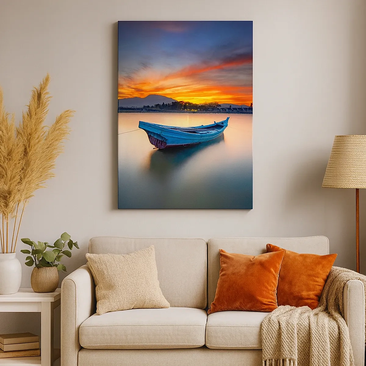 Quadro su tela - Stampe su Tela - Una barca sull'acqua durante un pittoresco tramonto - 50x70cm - Viene una notte buona - Decorazione murale moderna per soggiorno e camera da letto ARTTOR