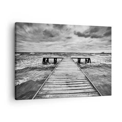 Quadro su tela - Stampe su Tela - Una vista in bianco e nero di un molo di legno su un mare in tempesta. - 70x50cm - Aspetto che il vento le scacci via... - Decorazione murale moderna per soggiorno e camera da letto ARTTOR