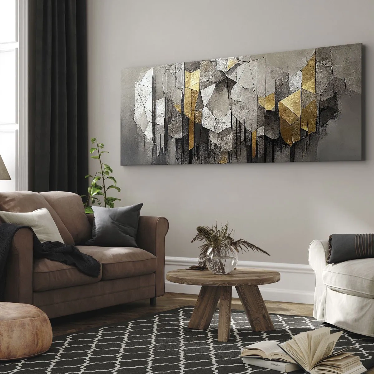 Quadro su tela - Stampe su Tela - Astrazione geometrica nei toni dell'oro e del grigio - 160x50cm - Composizione di ghiaccio e luce - Decorazione murale moderna per soggiorno e camera da letto ARTTOR