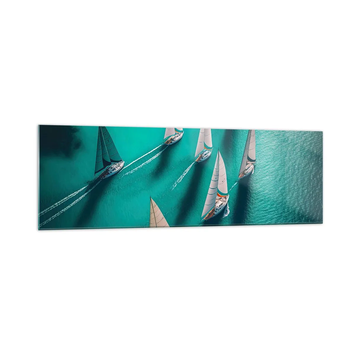 Quadro su vetro - Yacht in movimento dinamico sulle acque turchesi - 160x50cm - In gara con il vento - Decorazione murale moderna per soggiorno e camera da letto ARTTOR