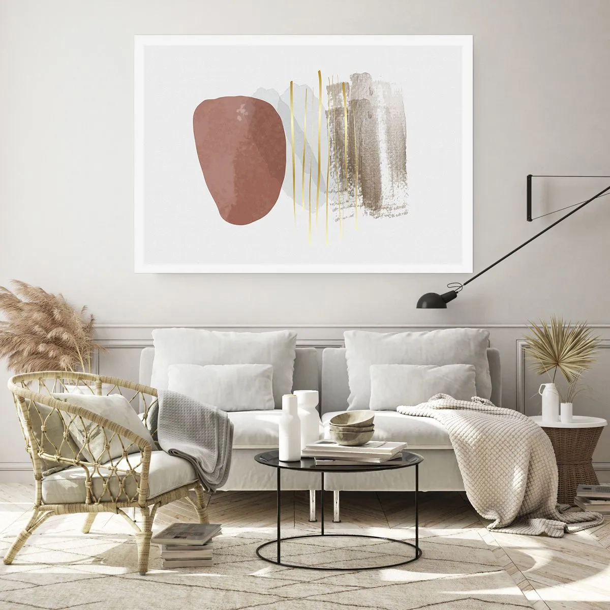 Poster - Composizione astratta nei toni del beige e dell'oro - 100x70cm - Colonnato astratto - Decorazione murale moderna per soggiorno e camera da letto ARTTOR