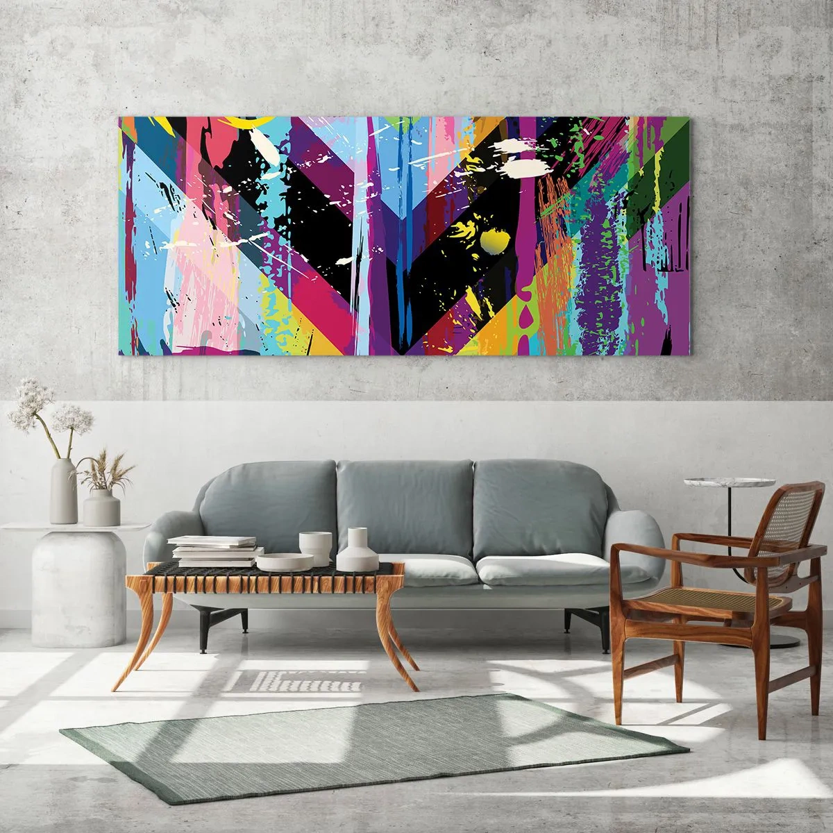 Quadro su vetro - Motivo astratto con forme geometriche colorate - 140x50cm - Dall'alto in basso - Decorazione murale moderna per soggiorno e camera da letto ARTTOR
