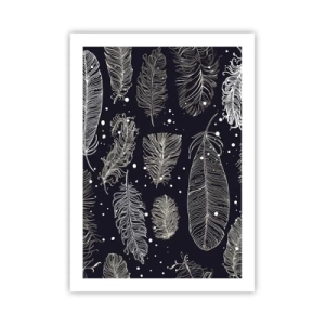 Poster - Piume bianche su sfondo nero in una disposizione elegante - 50x70cm - Pizzo piumato - Decorazione murale moderna per soggiorno e camera da letto ARTTOR