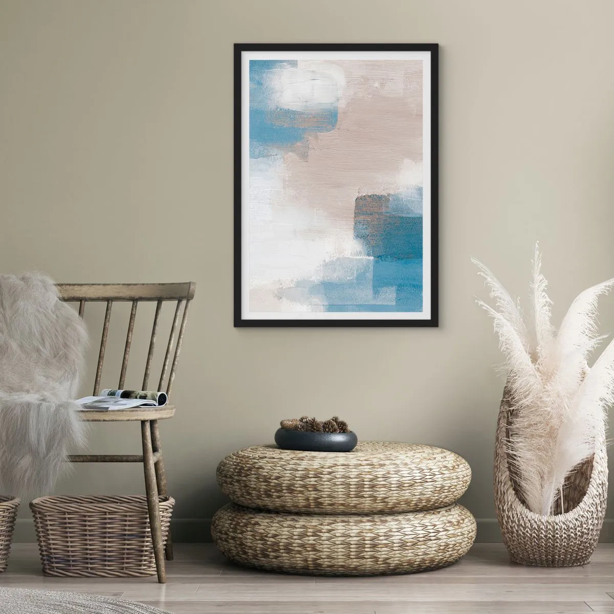 Poster in cornice nera - Composizione astratta nei toni del blu e del beige - 50x70cm - Astrazione rosa coperta dal blu - Decorazione murale moderna per soggiorno e camera da letto ARTTOR
