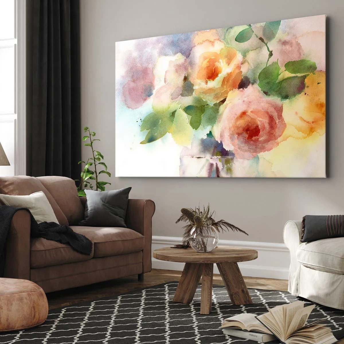 Quadro su tela - Stampe su Tela - Delicate rose in stile acquerello su uno sfondo chiaro - 100x70cm - Delicati come un acquerello - Decorazione murale moderna per soggiorno e camera da letto ARTTOR