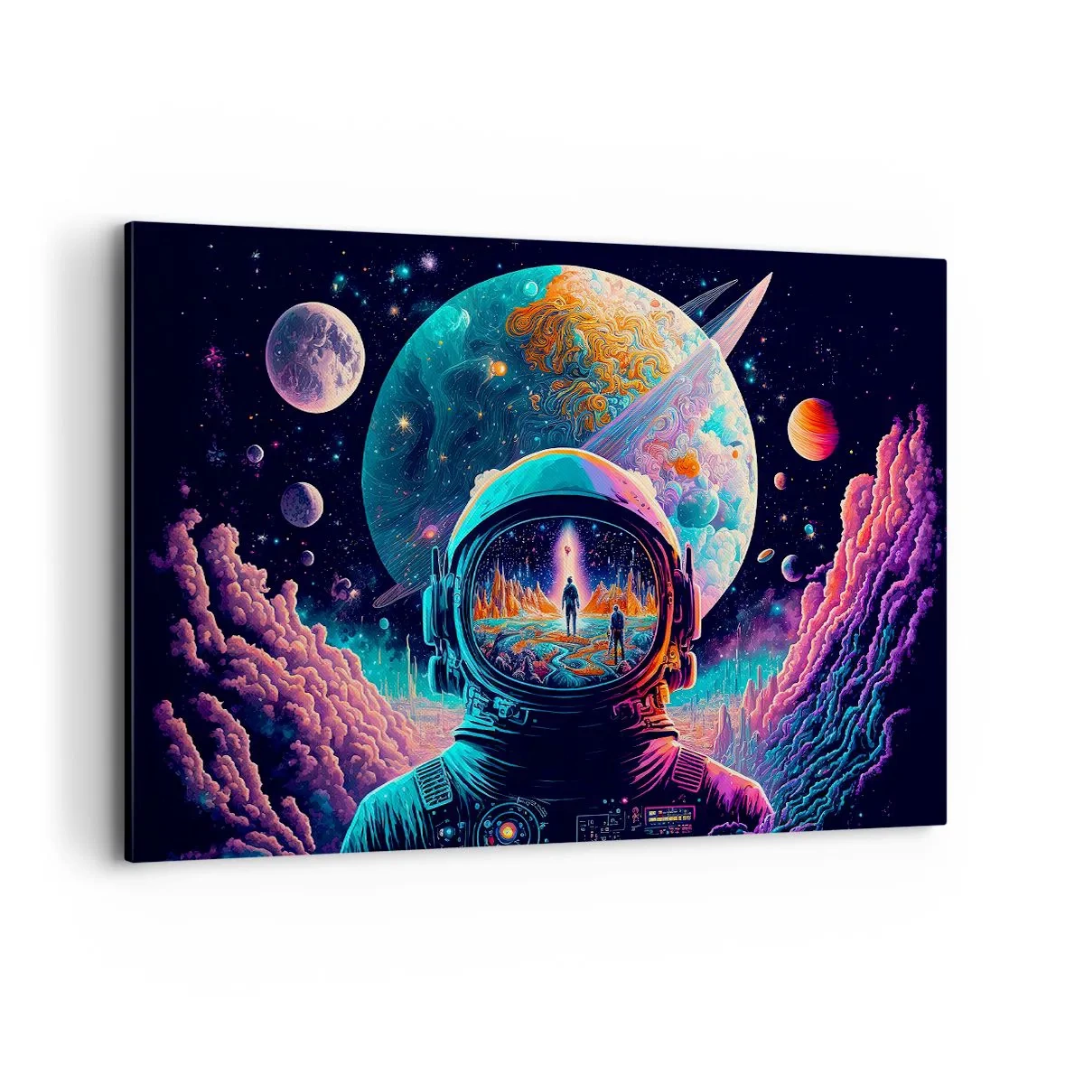 Quadro su tela - Stampe su Tela - Astronauta nello spazio con un paesaggio planetario colorato - 120x80cm - I filosofi non l'avevano pensato - Decorazione murale moderna per soggiorno e camera da letto ARTTOR