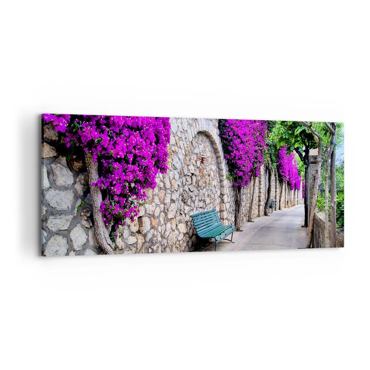 Quadro su tela - Stampe su Tela - Un sentiero in pietra con una panchina e fiori viola in fiore - 120x50cm - Incontriamoci al più presto - Decorazione murale moderna per soggiorno e camera da letto ARTTOR