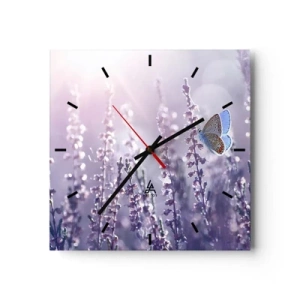 Orologio da parete - Orologio in Vetro - Una farfalla sulla lavanda in fiore nella luce del mattino - 30x30cm - Il bacio della farfalla - Decorazione murale moderna per soggiorno e camera da letto ARTTOR