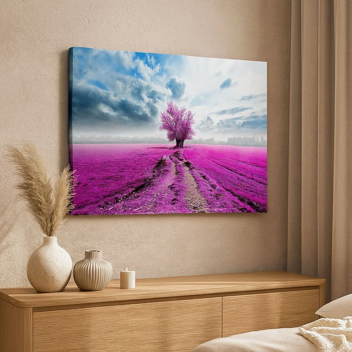Quadro su tela - Stampe su Tela - Un albero solitario in un campo in una tonalità di rosa intenso - 70x50cm - Brughiera selvatica - Decorazione murale moderna per soggiorno e camera da letto ARTTOR
