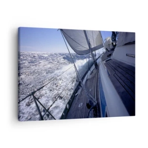 Quadro su tela - Stampe su Tela - Una barca a vela in un mare in tempesta con vele bianche e un ponte di legno. - 70x50cm - So cosa vuol dire volare - Decorazione murale moderna per soggiorno e camera da letto ARTTOR