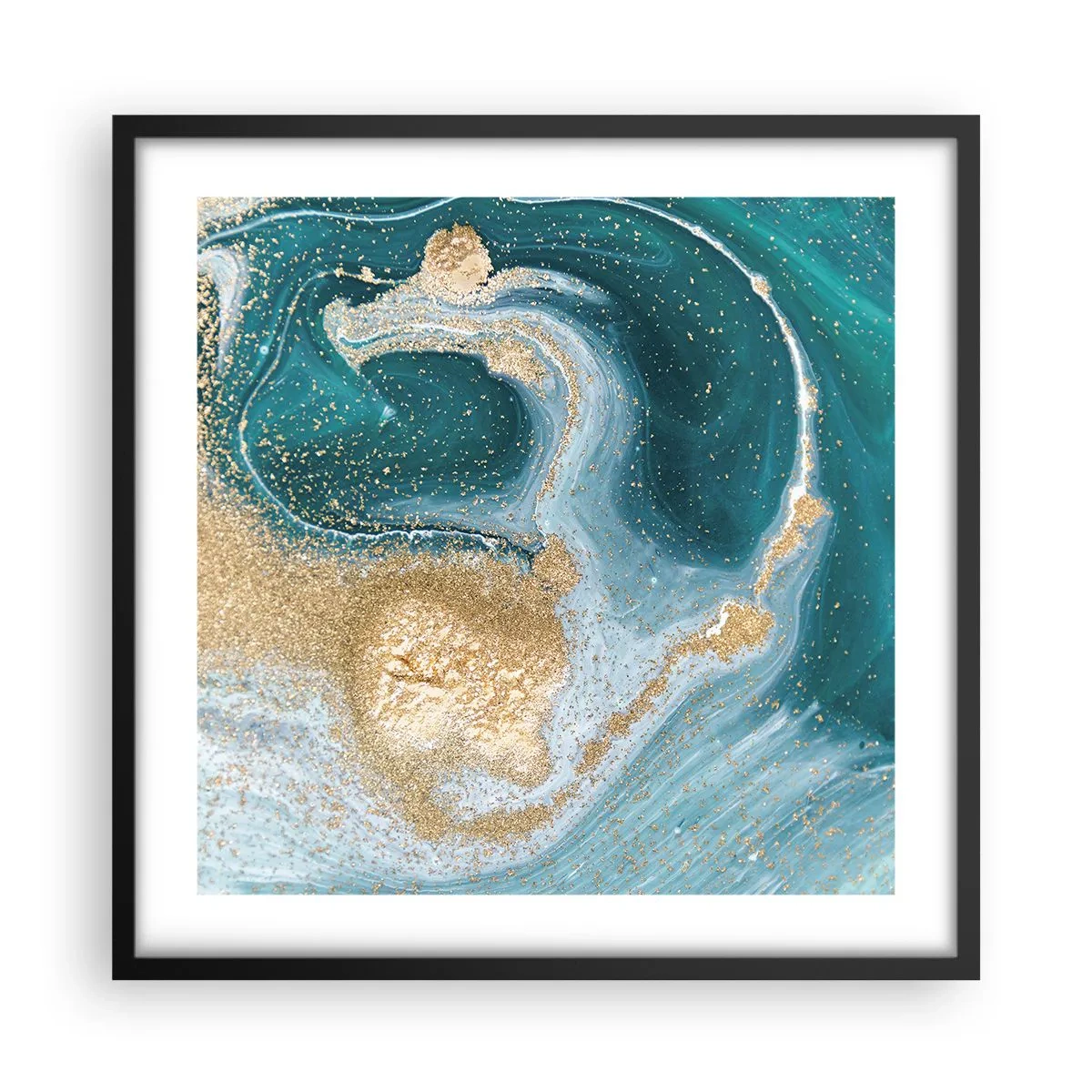 Poster in cornice nera - Vortice di oro e turchese - 50x50 cm
