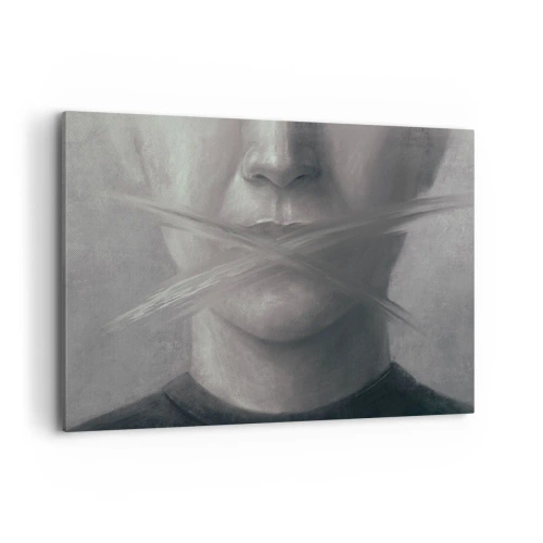 Quadro su tela - Stampe su Tela - Un ritratto simbolico con labbra sfocate nei toni del grigio. - 120x80cm - Neanche una parola - Decorazione murale moderna per soggiorno e camera da letto ARTTOR