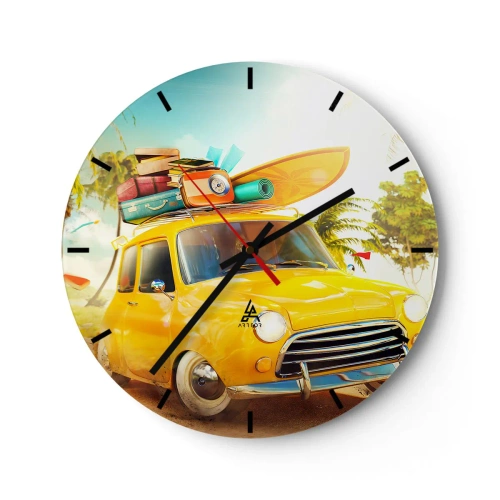 Orologio da parete - Orologio in Vetro - Un'auto gialla con bagagli e una tavola da surf - 30x30cm - Viaggio nel paese dei sorrisi - Decorazione murale moderna per soggiorno, cucina e camera da letto ARTTOR