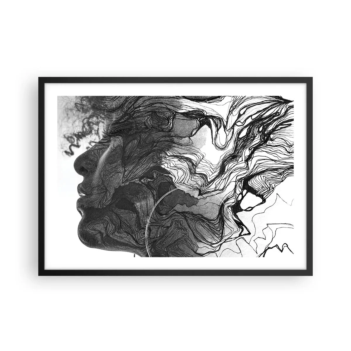 Poster in cornice nera - Volto astratto in bianco e nero con linee dinamiche. - 70x50cm - Aggrovigliata nei sogni - Decorazione murale moderna per soggiorno e camera da letto ARTTOR