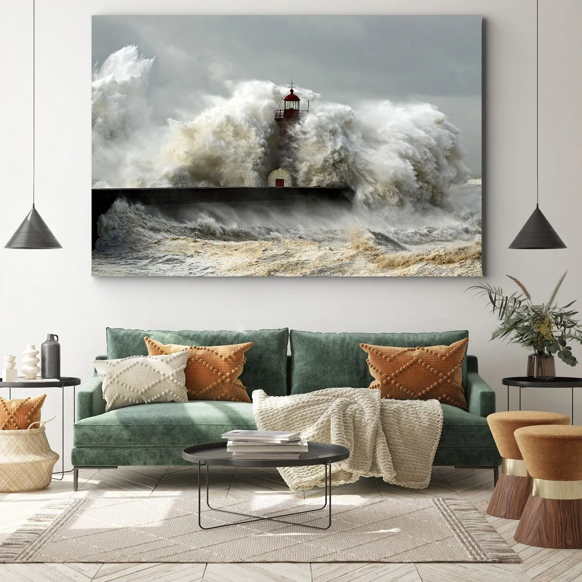 Quadro su tela - Stampe su Tela - Un faro circondato da onde agitate durante una tempesta - 70x50cm - L'ira dell'oceano - Decorazione murale moderna per soggiorno e camera da letto ARTTOR