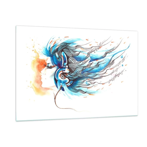 Quadro su vetro - Una donna con i capelli blu e le cuffie, in un'espressione musicale - 120x80cm - Che suoni la musica - Decorazione murale moderna per soggiorno e camera da letto ARTTOR