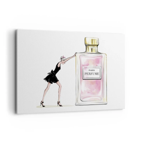 Quadro su tela - Stampe su Tela - Una donna in abito nero accanto a una bottiglia di profumo - 120x80cm - L'essenza della femminilità - Decorazione murale moderna per soggiorno e camera da letto ARTTOR