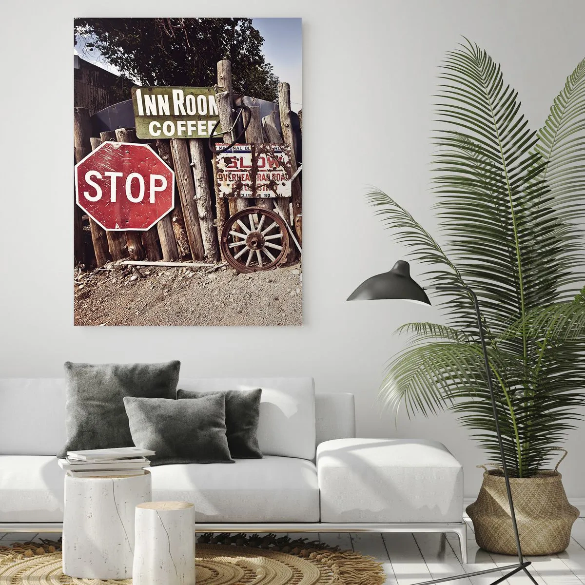 Quadro su vetro - Decorazioni rustiche con cartelli e una ruota sulla recinzione - 70x100cm - E il tempo si è fermato - Decorazione murale moderna per soggiorno e camera da letto ARTTOR