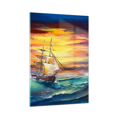 Quadro su vetro - Una nave in un mare in tempesta al tramonto - 50x70cm - Temerari sulle onde - Decorazione murale moderna per soggiorno e camera da letto ARTTOR