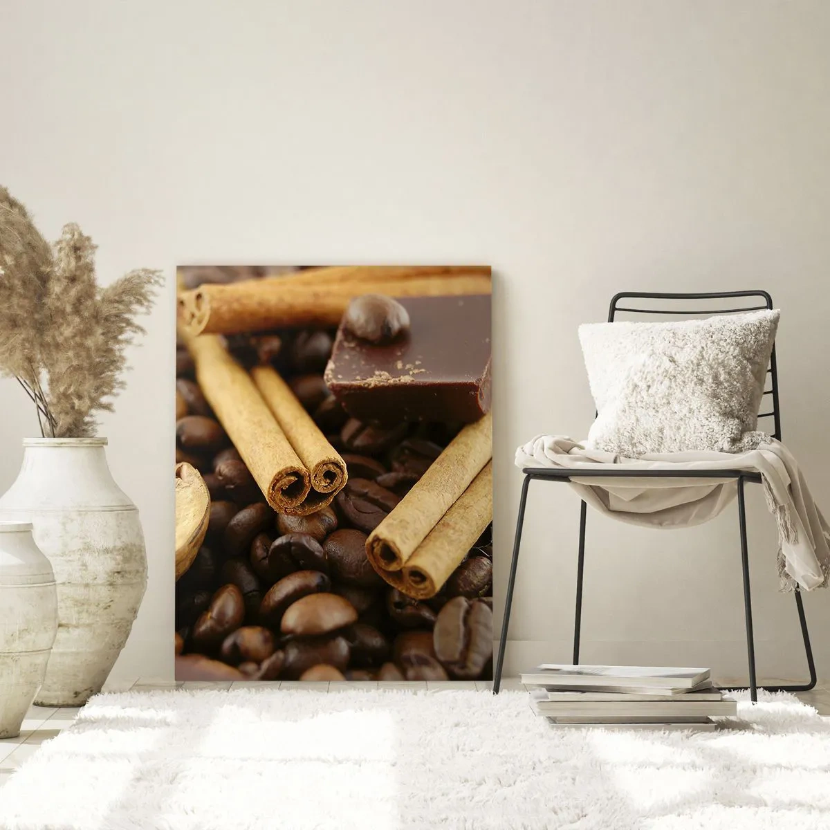 Quadro su vetro - Primo piano di caffè, cannella, cioccolato e noci - 50x70cm - Concerto di sapori - Decorazione murale moderna per soggiorno e camera da letto ARTTOR