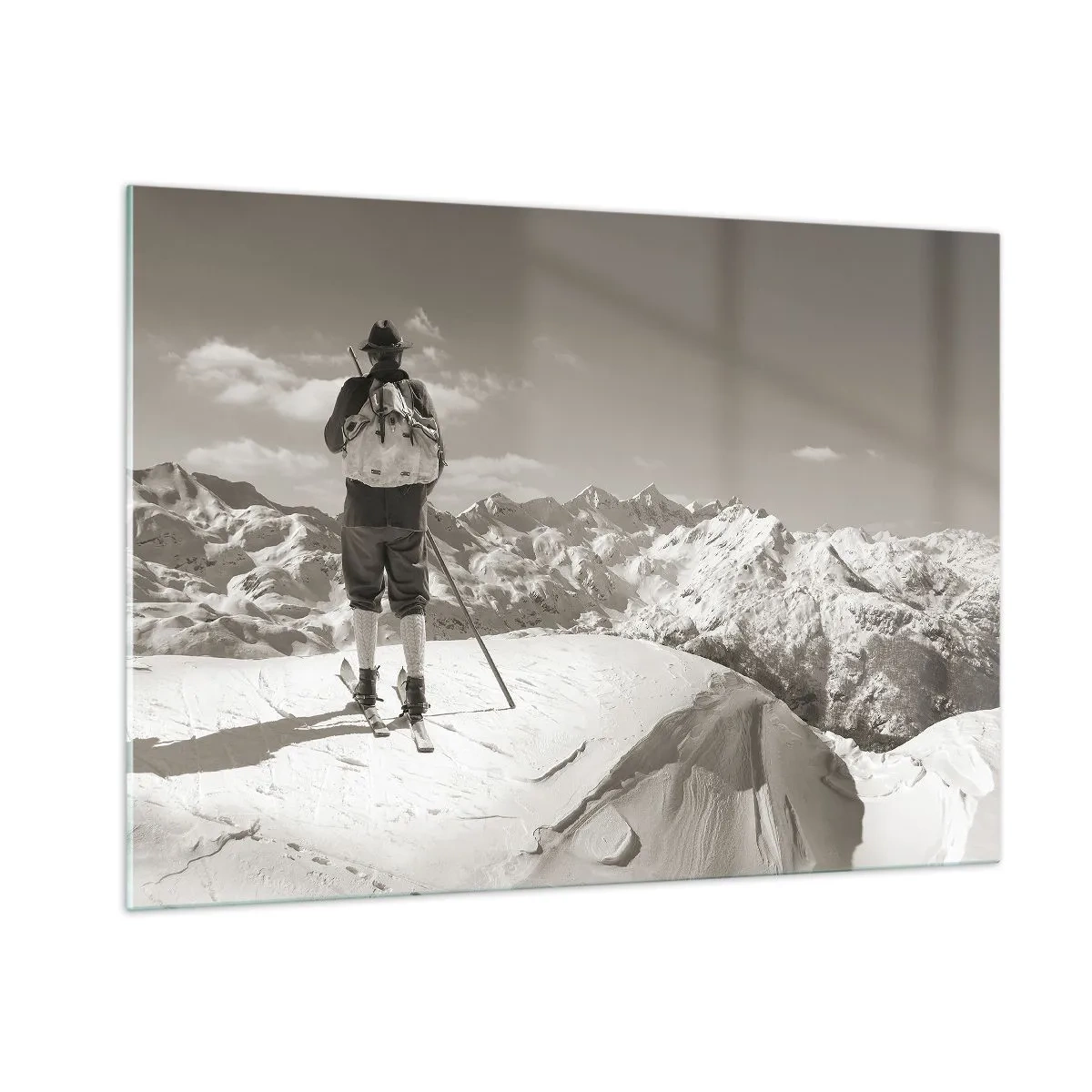 Quadro su vetro - Sciatore sulla cima di una montagna in bianco e nero - 100x70cm - E i monti sono immutabili - Decorazione murale moderna per soggiorno e camera da letto ARTTOR