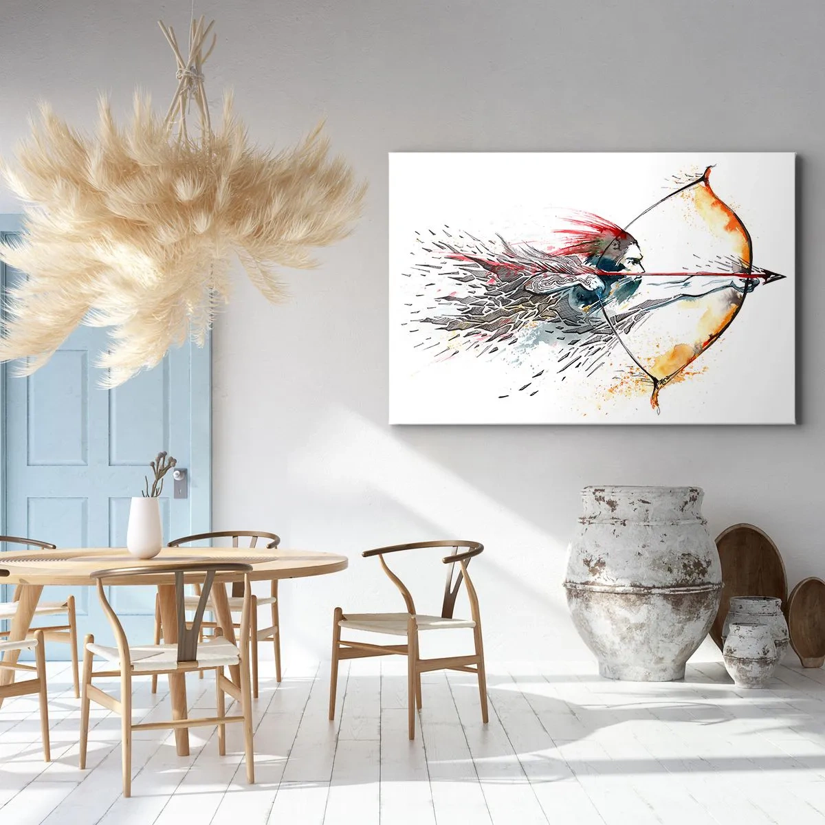 Quadro su tela - Stampe su Tela - Dipinto ad acquerello dinamico di un guerriero con arco e frecce - 70x50cm - Mitico guerriero con arco infuocato - Decorazione murale moderna per soggiorno e camera da letto ARTTOR