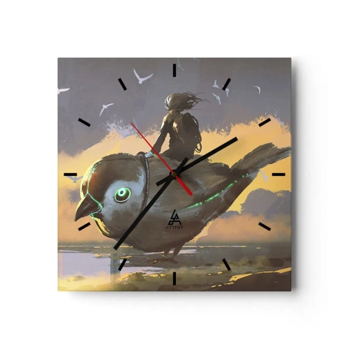 Orologio da parete - Orologio in Vetro - Cavaliere su un uccello gigante in un paesaggio surreale - 30x30cm - La sosta di un viaggio fantastico - Decorazione murale moderna per soggiorno e camera da letto ARTTOR