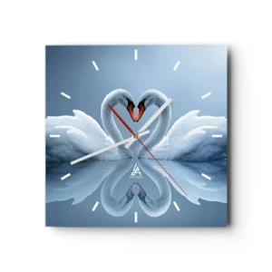 Orologio da parete - Orologio in Vetro - Due cigni formano un cuore su una superficie calma dell'acqua - 30x30cm - Il tempo dell'amore - Decorazione murale moderna per soggiorno e camera da letto ARTTOR