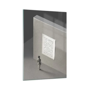 Quadro su vetro - Una figura in un labirinto che guarda una mappa appesa - 80x120cm - Ma dove mi trovo? - Decorazione murale moderna per soggiorno e camera da letto ARTTOR