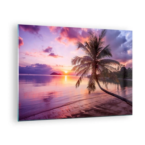 Quadro su vetro - Spiaggia esotica con una palma al tramonto - 70x50cm - Beatitudine a perdita d'occhio - Decorazione murale moderna per soggiorno e camera da letto ARTTOR