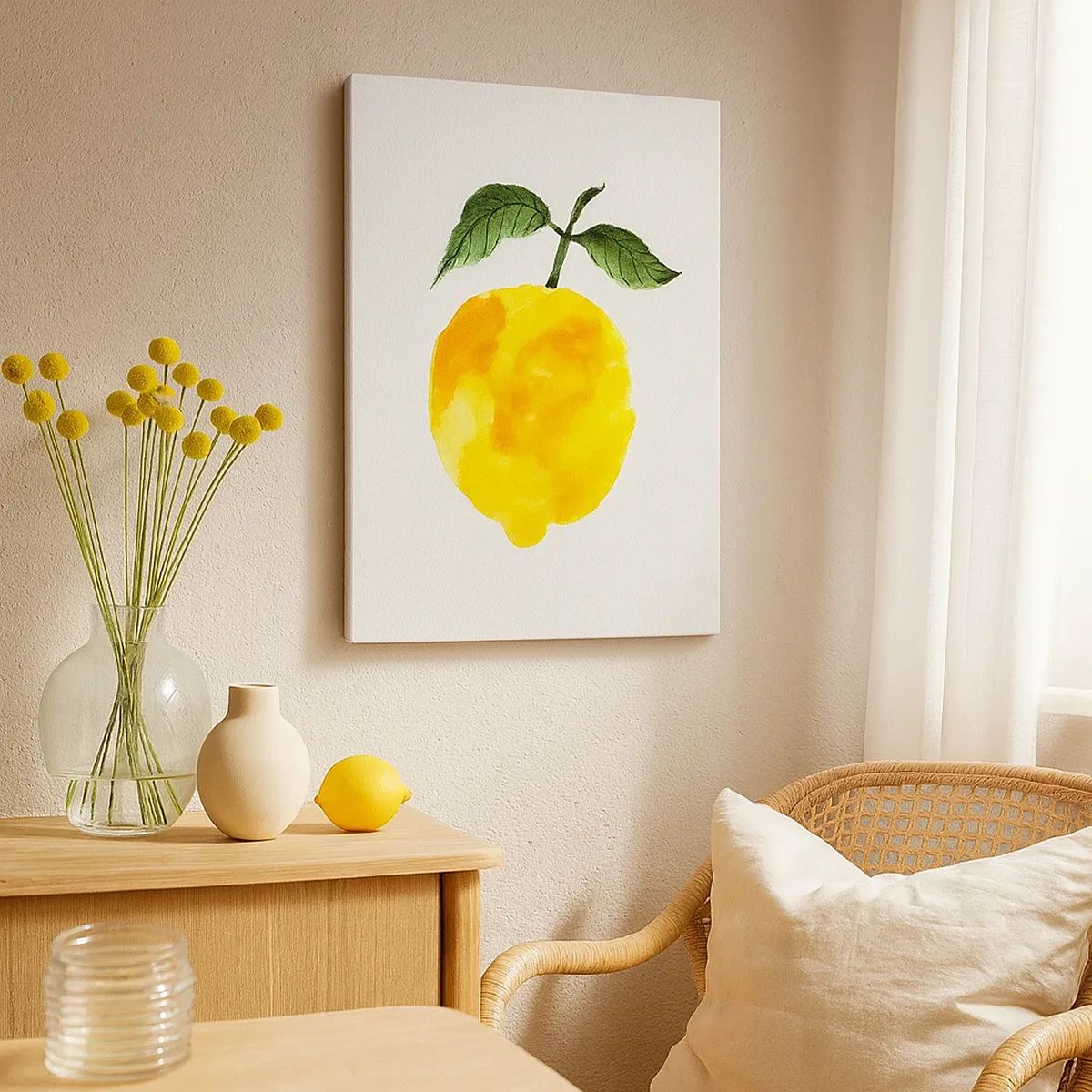 Quadro su tela - Stampe su Tela - Limone acquerello con foglie verdi su sfondo chiaro - 50x70cm - Scoprire il sapore del sole - Decorazione murale moderna per soggiorno e camera da letto ARTTOR
