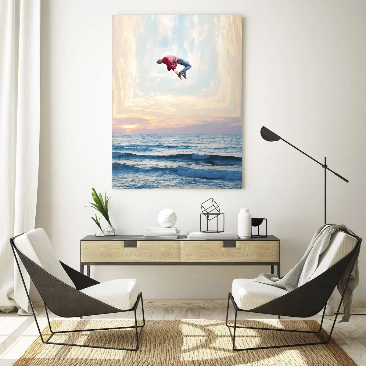 Quadro su vetro - Salto surreale sul mare nella cornice - 80x120cm - In un'altra dimensione - Decorazione murale moderna per soggiorno e camera da letto ARTTOR