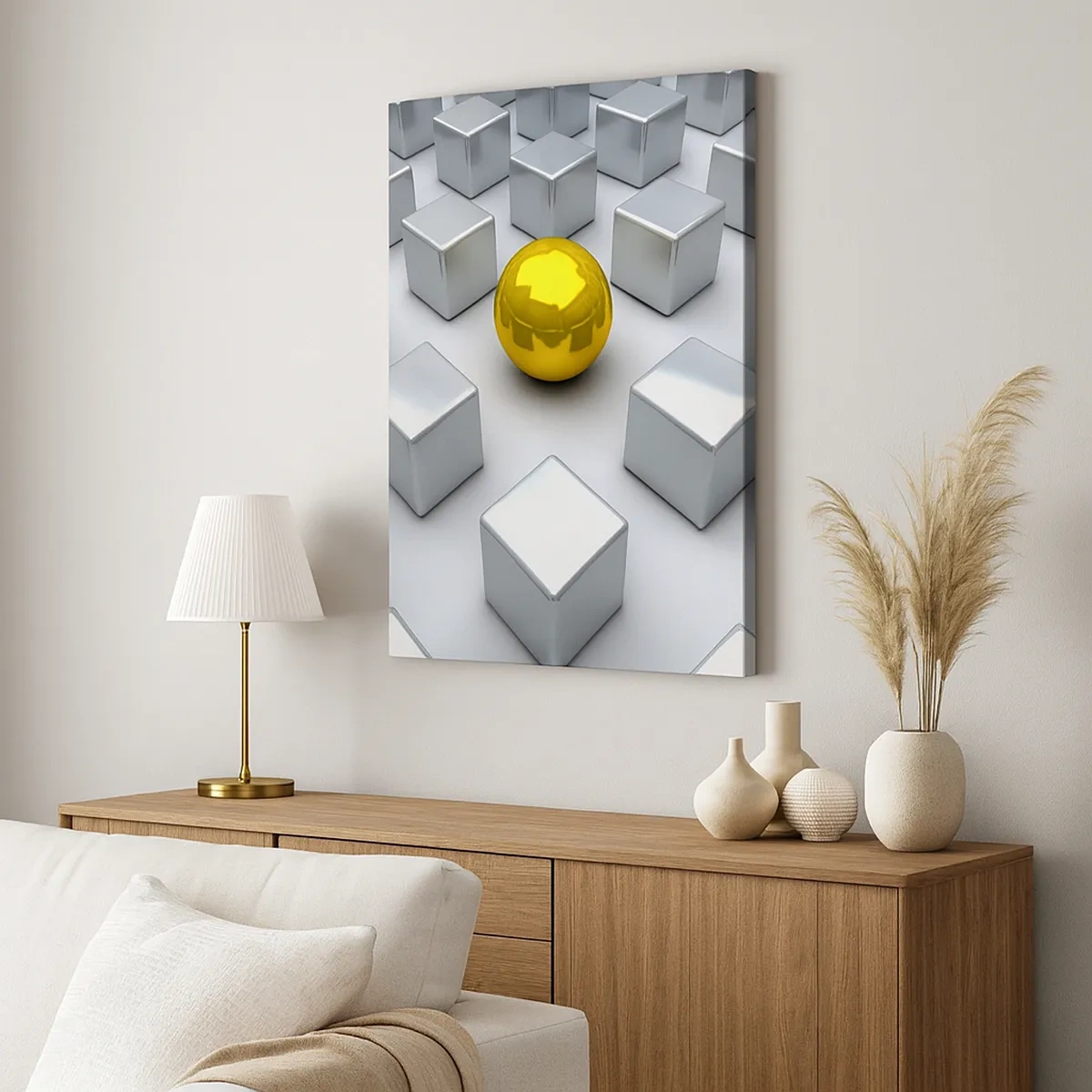 Quadro su tela - Stampe su Tela - Una sfera dorata che spicca tra i cubi d'argento - 50x70cm - Perché io? Composizione geometrica - Decorazione murale moderna per soggiorno e camera da letto ARTTOR