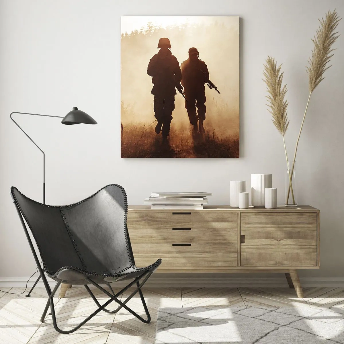 Quadro su vetro - Soldati marciano nella nebbia mattutina con la natura sullo sfondo - 80x120cm - Call of Duty - Decorazione murale moderna per soggiorno e camera da letto ARTTOR