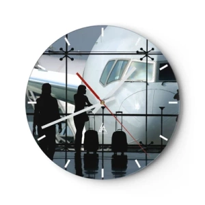Orologio da parete - Orologio in Vetro - Aeroporto con vista dell'aereo e dei passeggeri - 30x30cm - Faccia a faccia in aeroporto - Decorazione murale moderna per soggiorno, cucina e camera da letto ARTTOR