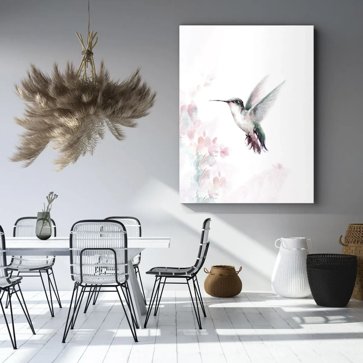 Quadro su tela - Stampe su Tela - Un colibrì dai delicati colori pastello su uno sfondo di fiori - 80x120cm - Battito immobile - Decorazione murale moderna per soggiorno e camera da letto ARTTOR