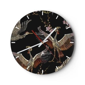 Orologio da parete - Orologio in Vetro - Uccelli illustrativi in volo su uno sfondo di rami floreali e nero - 30x30cm - Uccello fantastico - Decorazione murale moderna per soggiorno, cucina e camera da letto ARTTOR