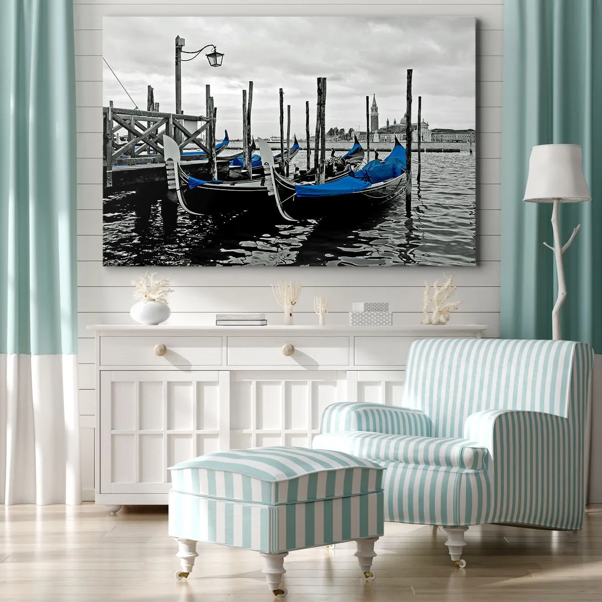 Quadro su tela - Stampe su Tela - Gondole a Venezia con coperture blu - 120x80cm - Venezia pensierosa - Decorazione murale moderna per soggiorno e camera da letto ARTTOR
