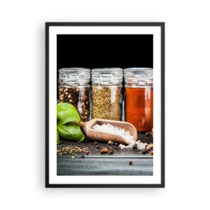 Poster in cornice nera - Barattoli di spezie su sfondo scuro - 50x70cm - Perché la vita abbia sapore - Decorazione murale moderna per soggiorno e camera da letto ARTTOR