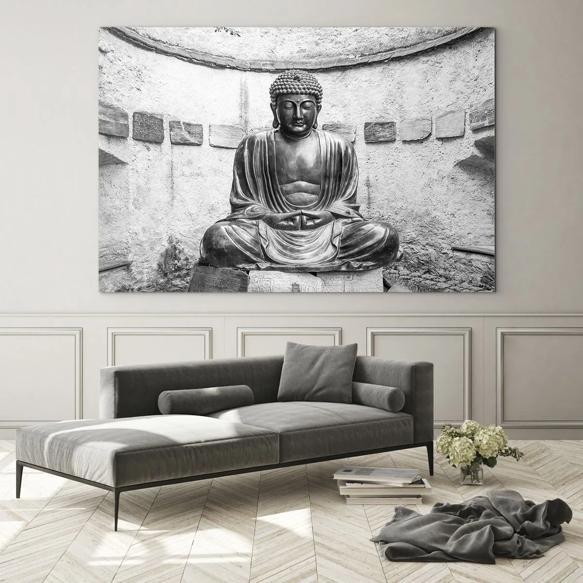 Quadro su vetro - Statua in bianco e nero del Buddha in posa meditativa - 70x50cm - Alla fonte della pace - Decorazione murale moderna per soggiorno e camera da letto ARTTOR