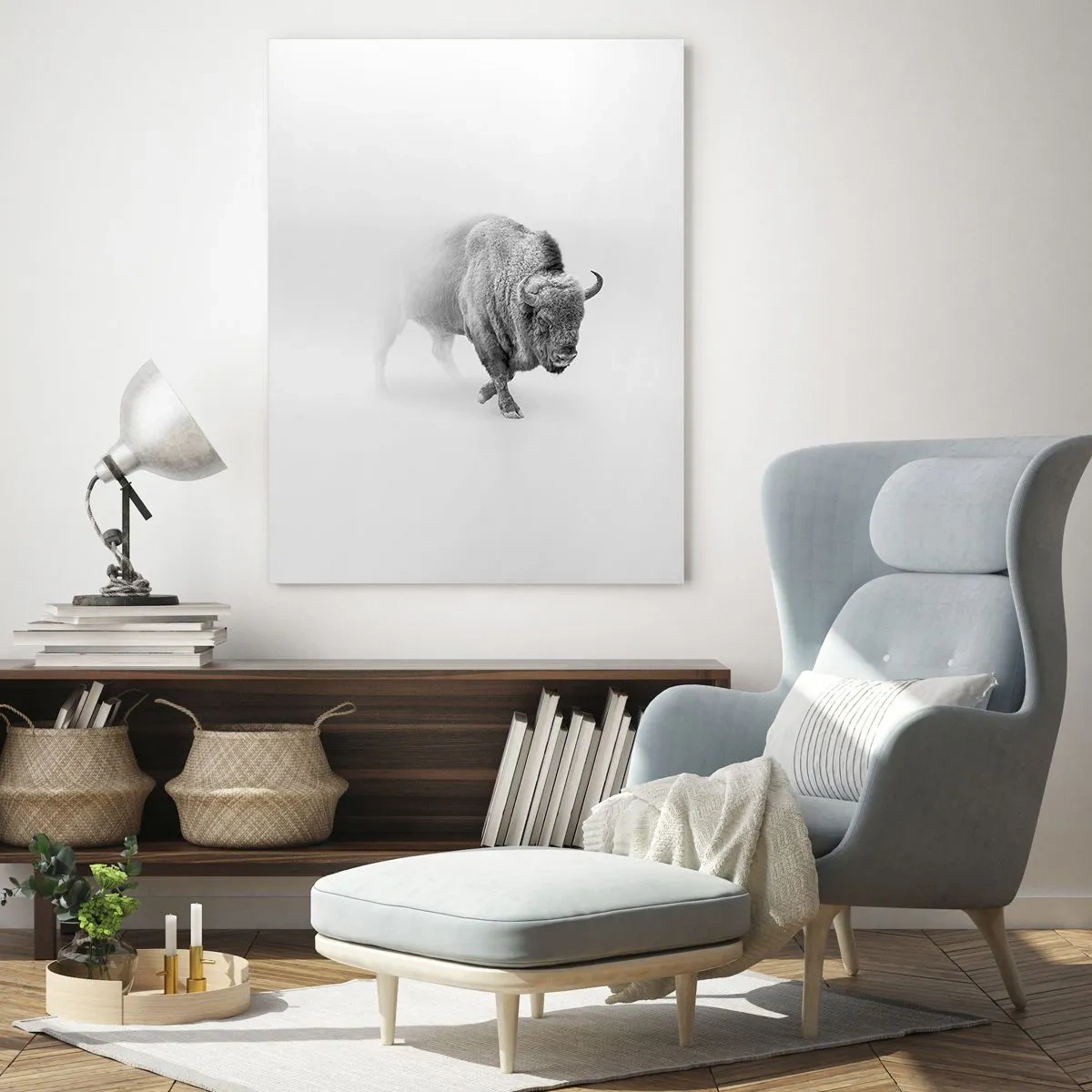 Quadro su vetro - Illustrazione in bianco e nero di un maestoso bisonte - 50x70cm - Il re della prateria - Decorazione murale moderna per soggiorno e camera da letto ARTTOR